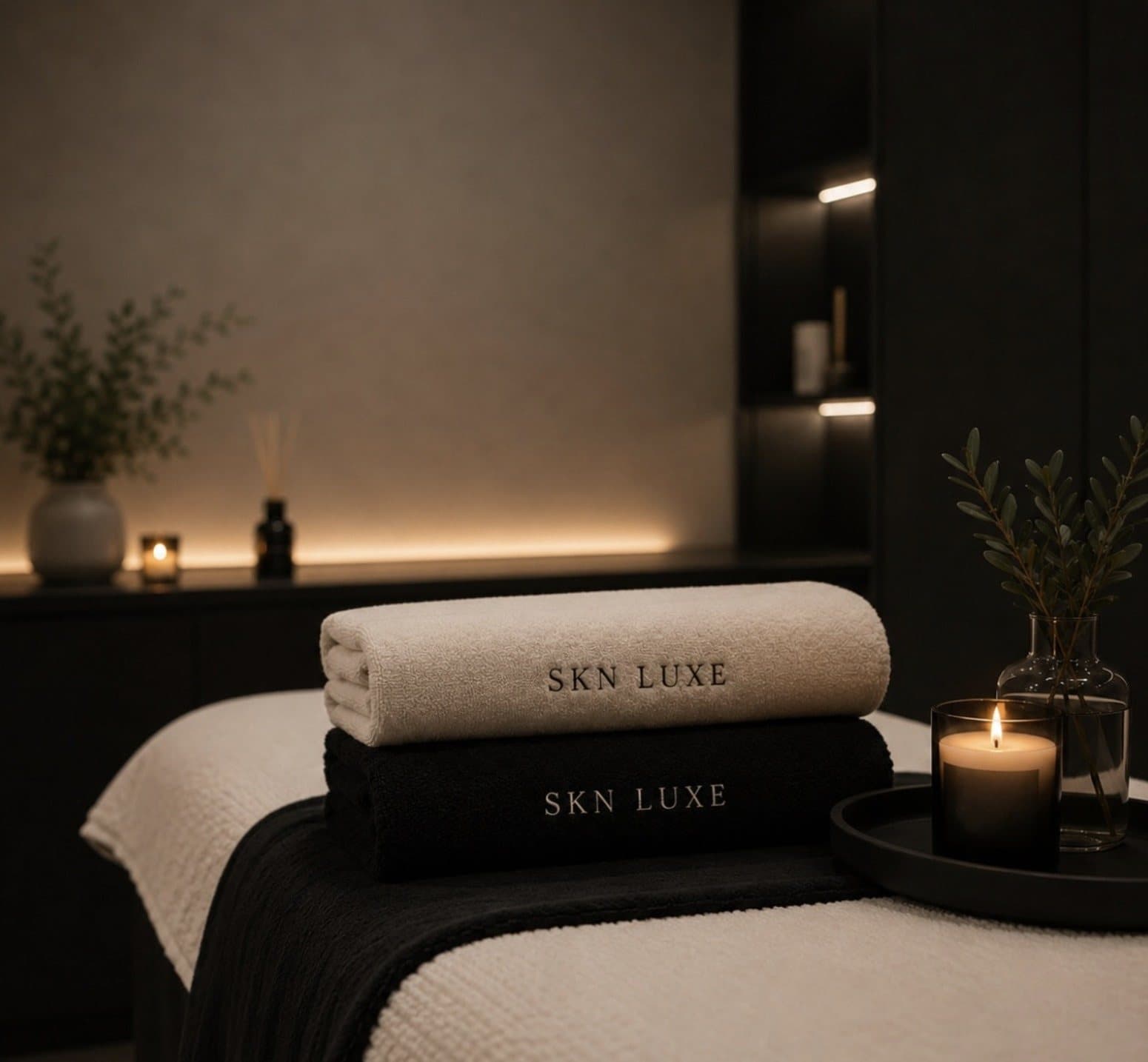 A treatment room at SKN Luxe, prepared with embroidered towels and candlelight